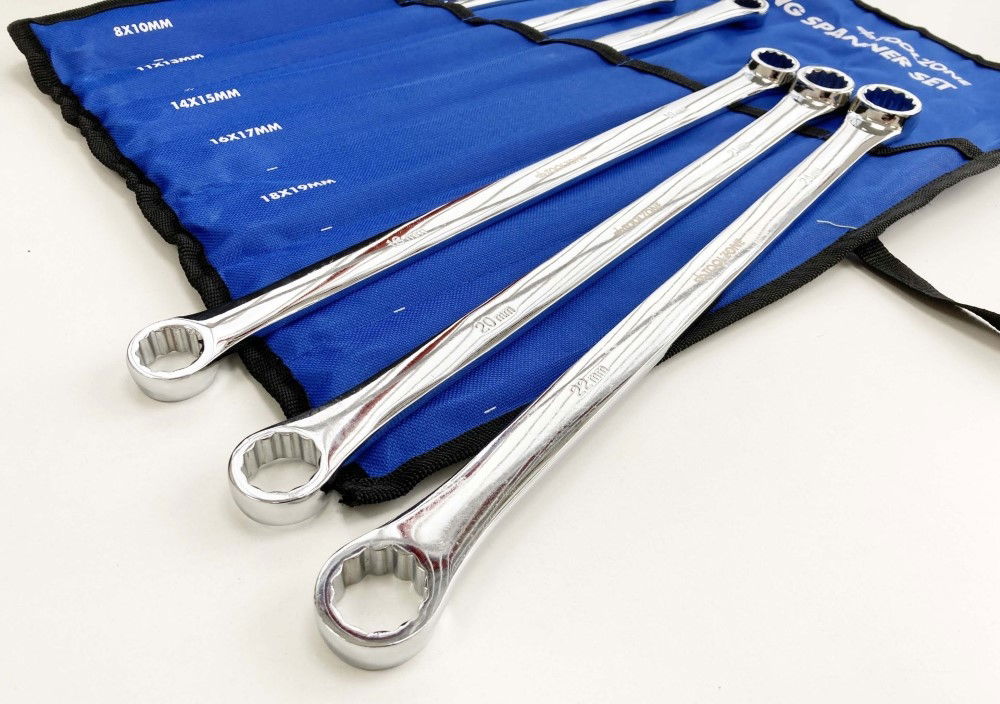 LONG RING SPANNER SET 7pc 8-24mm 50BV30 STEEL IN POUCH - TOOLZONE KDPSP171