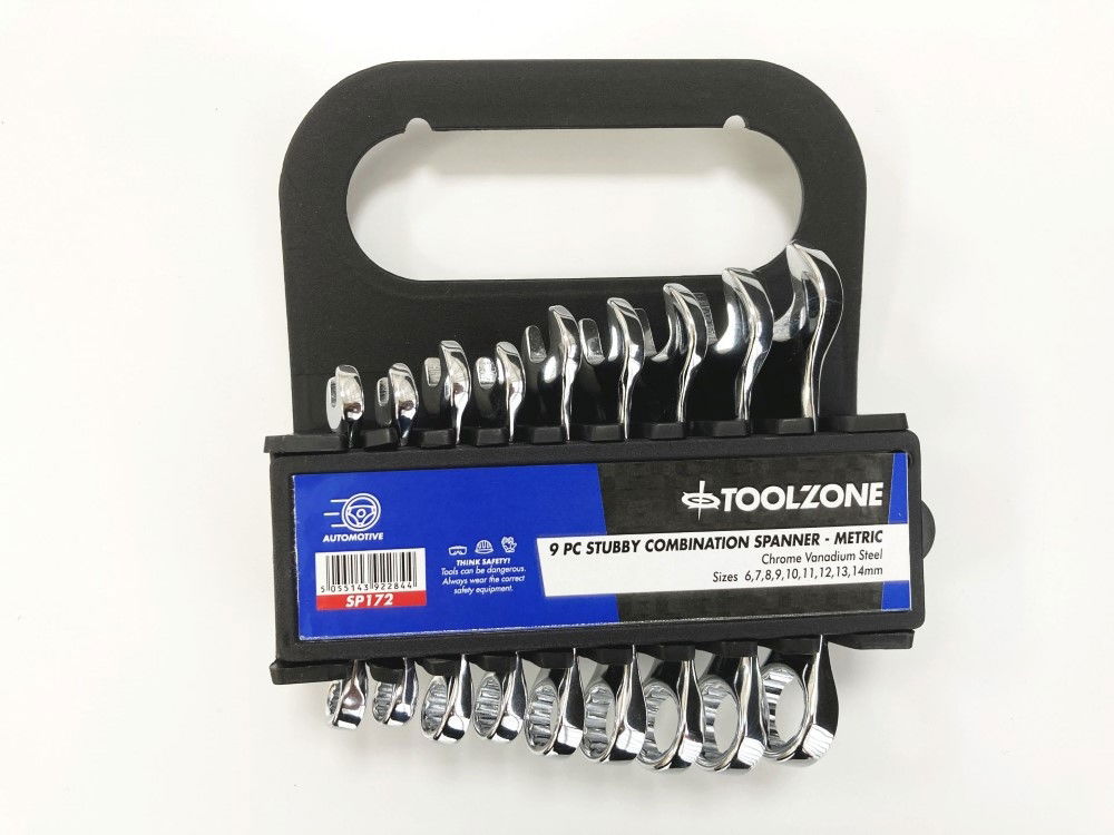 STUBBY SPANNER SET 9pc 6-14mm CHROME VANADIUM FULLY POLISHED IN RACK - TOOLZONE KDPSP172