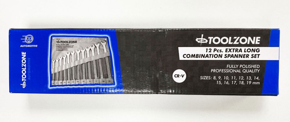 COMBINATION SPANNER SET 12pc EXTRA LONG 8-19mm CHROME VANADIUM IN POUCH - TOOLZONE KDPSP174