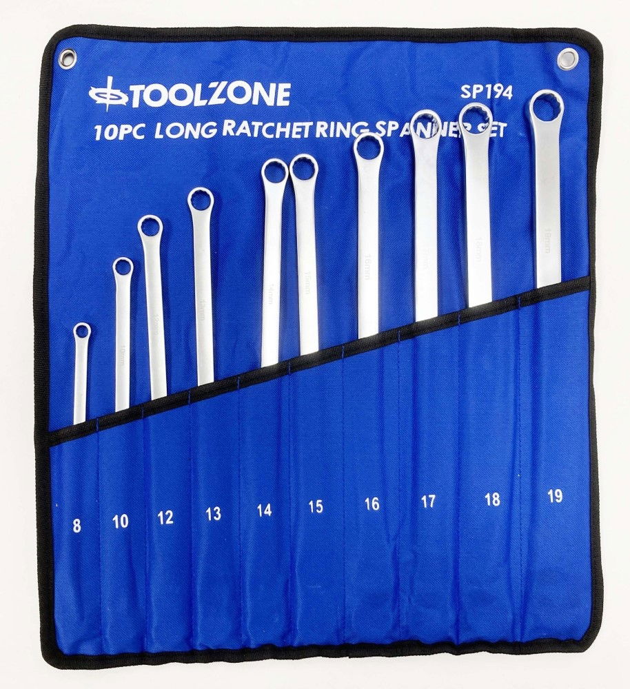 RATCHET SPANNER SET LONG 10pc 8-19mm 72 TEETH 6150CRV MIRROR POLISH - TOOLZONE KDPSP194