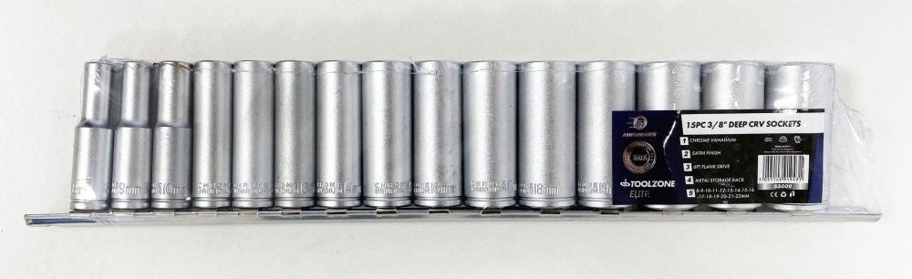 DEEP SOCKET SET 3/8 DRIVE 15pc 8-22mm CRV 6PT ON RAIL - TOOLZONE KDPSS009