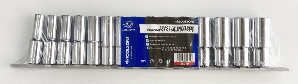 DEEP SOCKET SET 1/2 DRIVE 15pc 10-24mm CRV 6PT ON RAIL - TOOLZONE KDPSS010