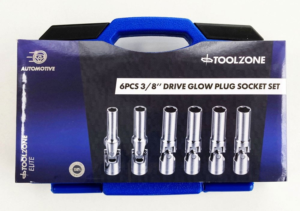 GLOW PLUG SOCKET SET 3/8 DRIVE 6pc 8-16mm 85mm UNIVERSAL JOINT - TOOLZONE KDPSS011