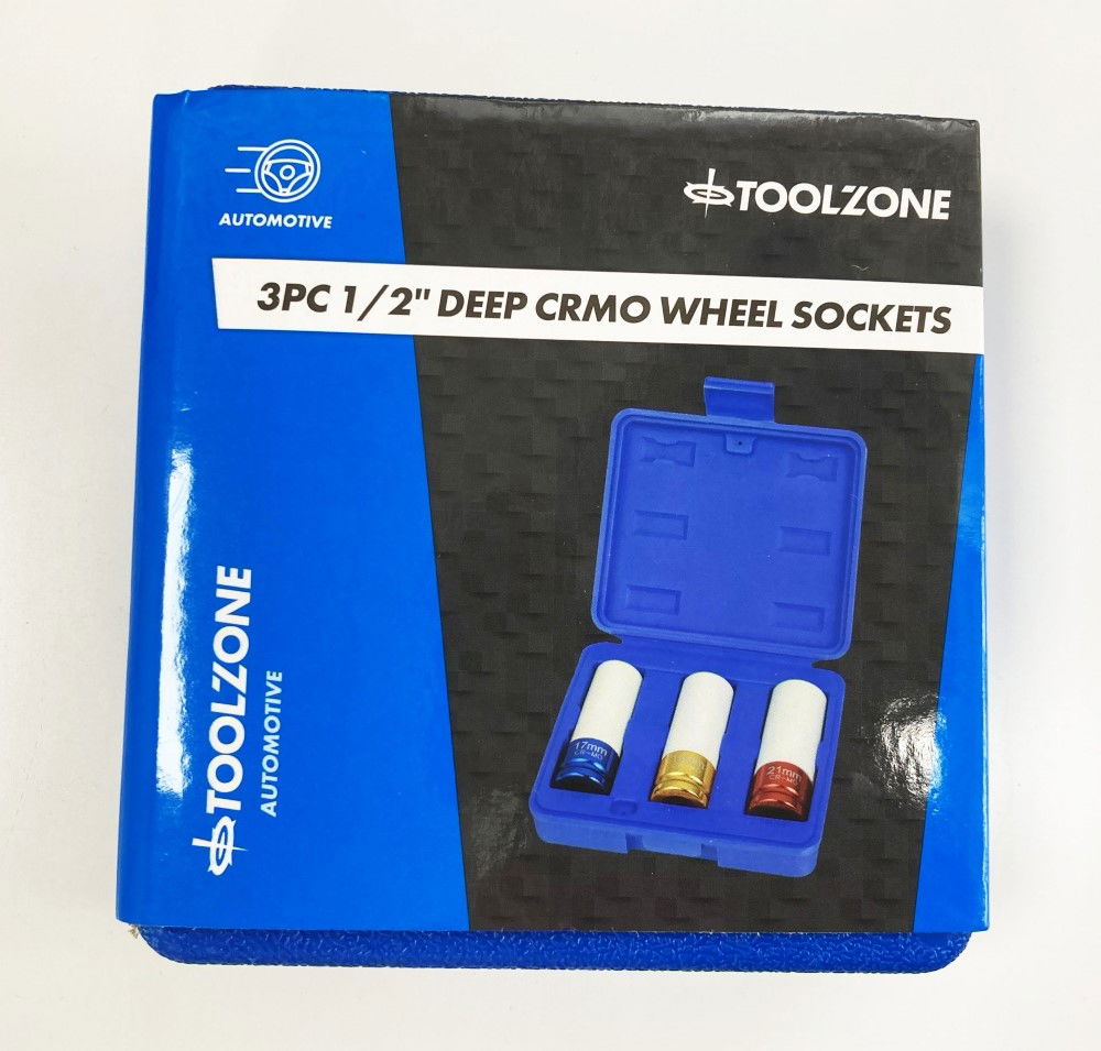 SOCKET SET 1/2 DRIVE 3pc 17-19-21mm CHROME MOLYBDENUM PROTECTIVE SLEEVE - TOOLZONE KDPSS014