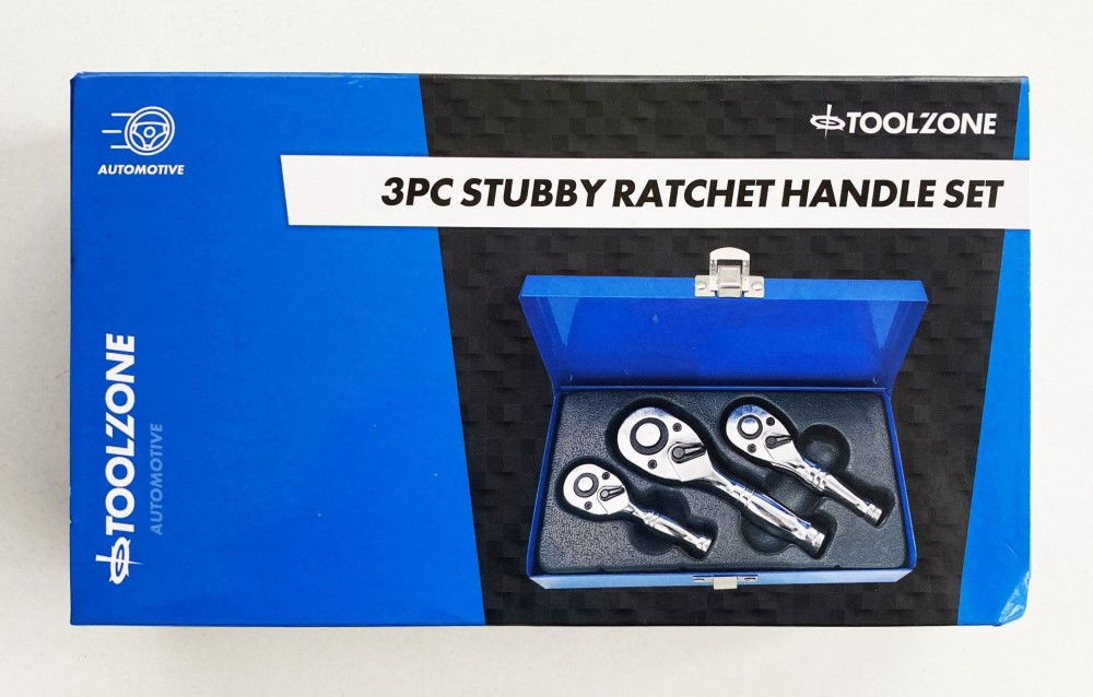 STUBBY RATCHET HANDLE SET 3pc 1/4 3/8 1/2 DRIVE 72 TEETH CRV - TOOLZONE KDPSS015