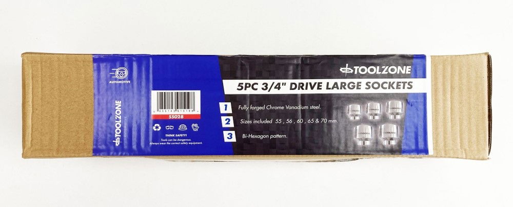 SOCKET SET 3/4 DRIVE 5pc 55mm 56mm 60mm 65mm 70mm CRV SINGLE HEX - TOOLZONE KDPSS028