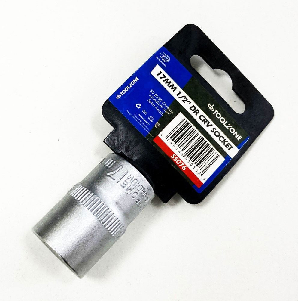 SOCKET 1/2 DRIVE 17mm CRV SATIN SINGLE HEX - TOOLZONE KDPSS076