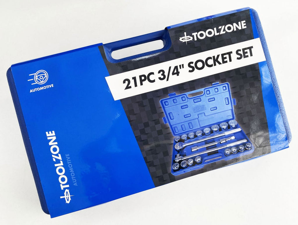 SOCKET SET 3/4 DRIVE 21 PIECES 19-50mm IN BLOW MOLD CASE - TOOLZONE KDPSS116