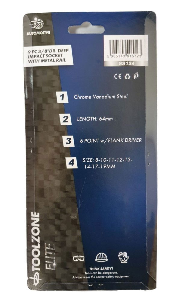 IMPACT SOCKET SET 3/8 DRIVE DEEP 8 PIECES 8-19mm - TOOLZONE KDPSS124
