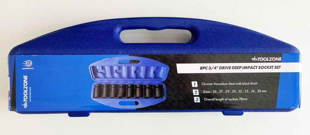 IMPACT SOCKET SET 3/4 DRIVE DEEP 8 PIECES 26-38mm - TOOLZONE KDPSS130