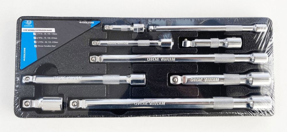 EXTENSION BAR SET WOBBLE CRV 9 PIECES 1/4 3/8 1/2 DRIVE - TOOLZONE KDPSS146