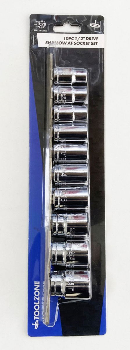 SOCKET SET SHALLOW 1/2 DRIVE AF 10 PIECES CRV POLISHED - TOOLZONE KDPSS208
