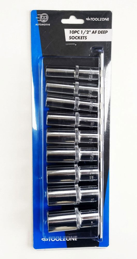 SOCKET SET DEEP 1/2 DRIVE AF 10 PIECES CRV POLISHED - TOOLZONE KDPSS219