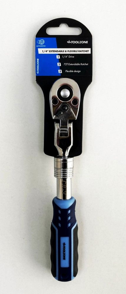 RATCHET FLEXI HEAD EXTENDABLE 1/4 DRIVE 180-230mm SOFTGRIP CRV - TOOLZONE KDPSS222