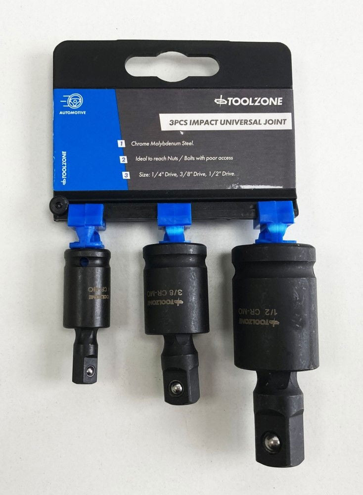 UNIVERSAL JOINT SET IMPACT 3 PIECES 1/4, 3/8, 1/2 CR-MO BLACK FINISH - TOOLZONE KDPSS227