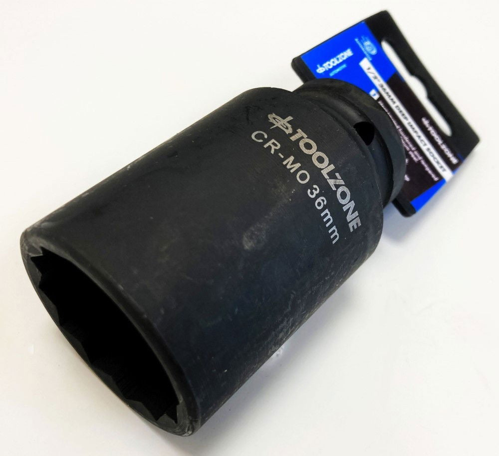 IMPACT SOCKET DEEP 1/2 DRIVE 36mm 12 POINT CR-MO 80mm BLACK PHOSPHATE - TOOLZONE KDPSS234