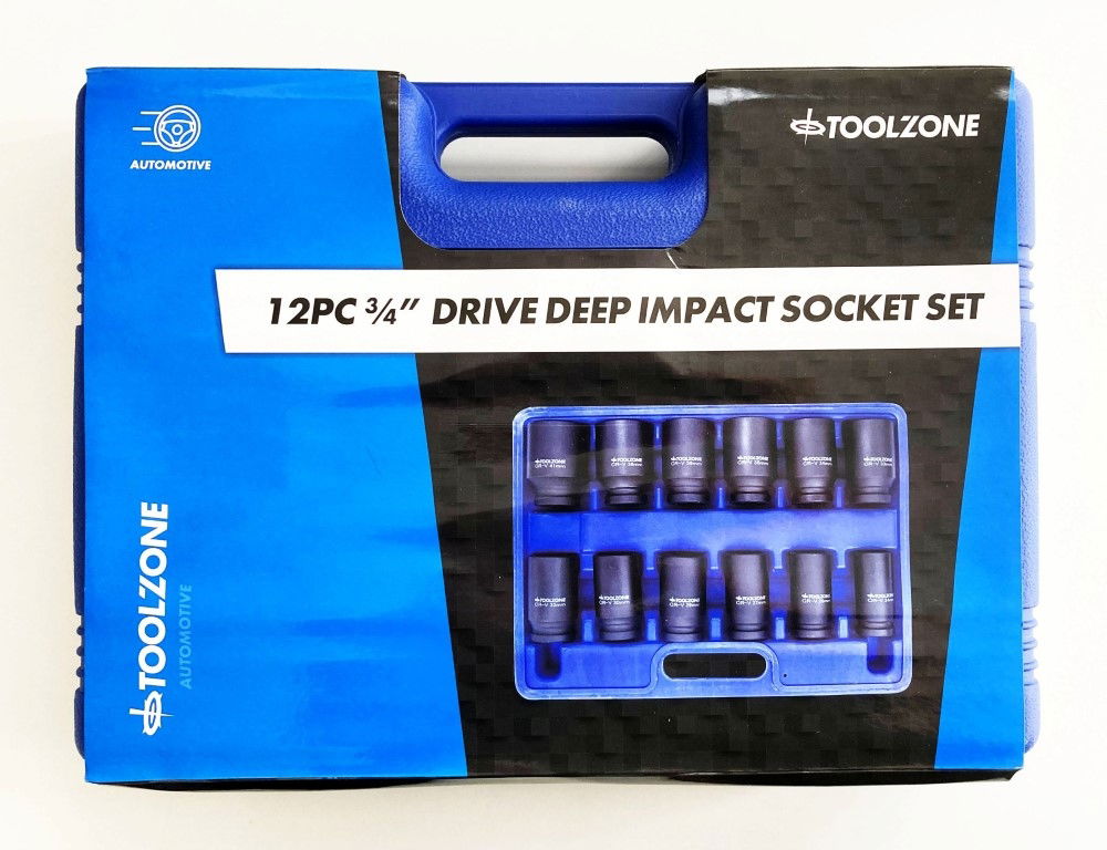 IMPACT SOCKET SET DEEP 3/4 DRIVE 12 PIECES 24mm-41mm CRV 80mm BLACK FINISH - TOOLZONE KDPSS235