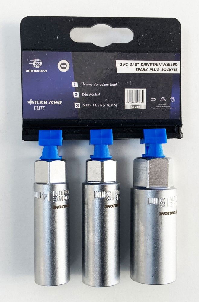 SPARK PLUG SOCKET SET 3/8 DRIVE 3 PIECES 14mm 16mm 18mm THIN WALL SATIN FINISH - TOOLZONE KDPSS242