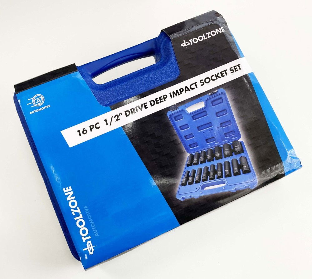 IMPACT SOCKET SET DEEP 1/2 DRIVE 16 PIECES 10mm-32mm CRV BLACK PHOSPHATE - TOOLZONE KDPSS244