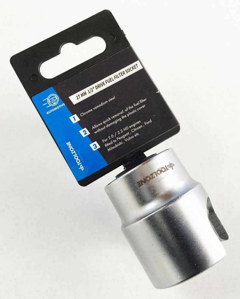FUEL FILTER SOCKET 27mm 1/2 DRIVE CHROME VANADIUM STEEL - TOOLZONE KDPSS246