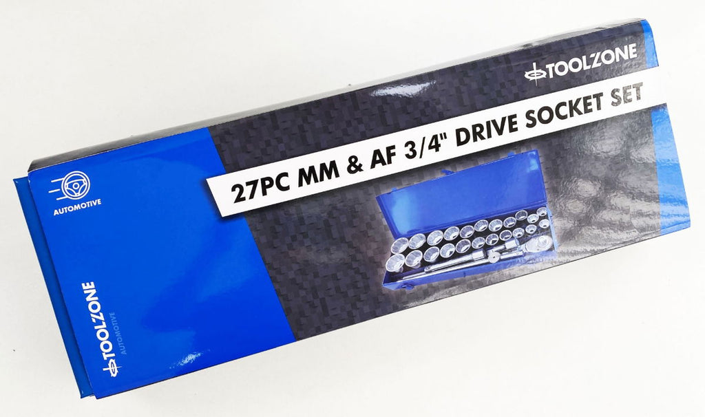 SOCKET SET 27 PIECES 3/4 DRIVE METRIC AND AF 12 POINT IN METAL CASE - TOOLZONE KDPSS259