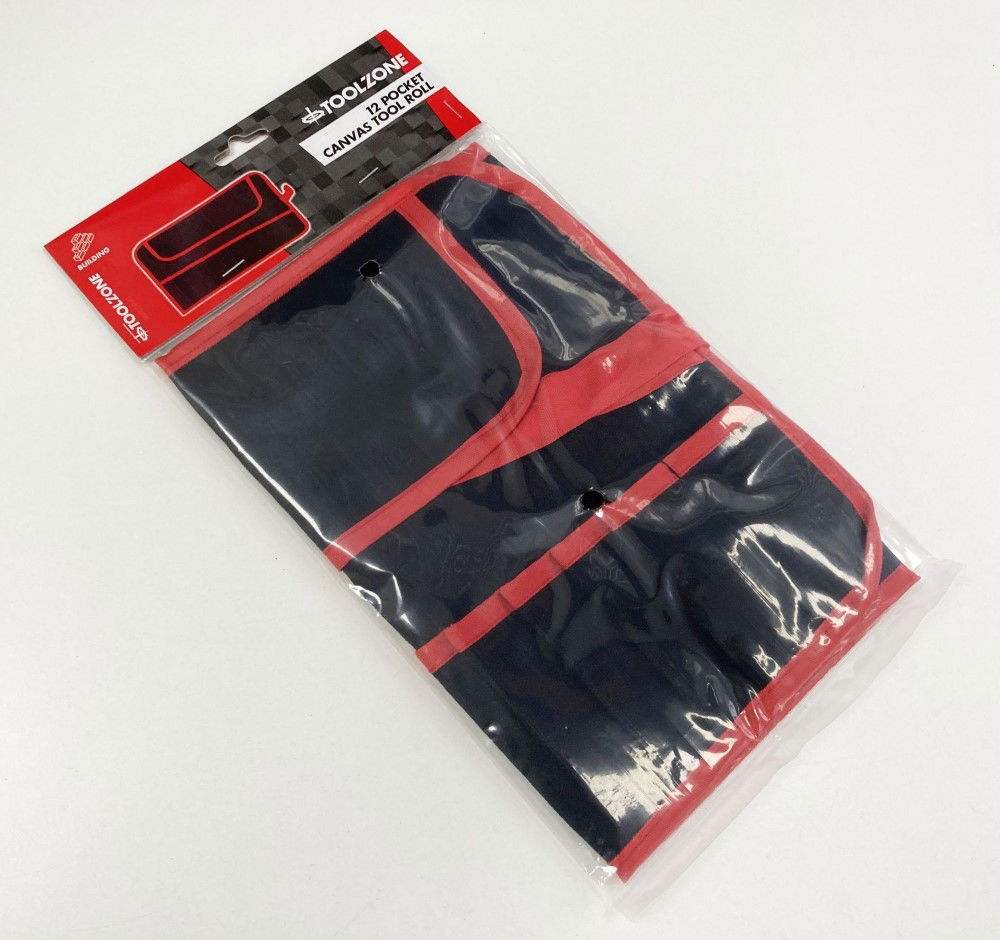 TOOL ROLL 12 POCKET CANVAS WATER RESISTANT 44x28cm RED AND BLACK - TOOLZONE KDPTB029