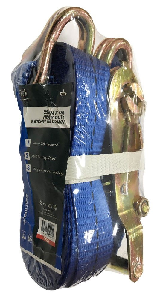 HEAVY DUTY RATCHET TIE DOWN 1 x 4m 400kg CAPACITY - TOOLZONE KDPTD034