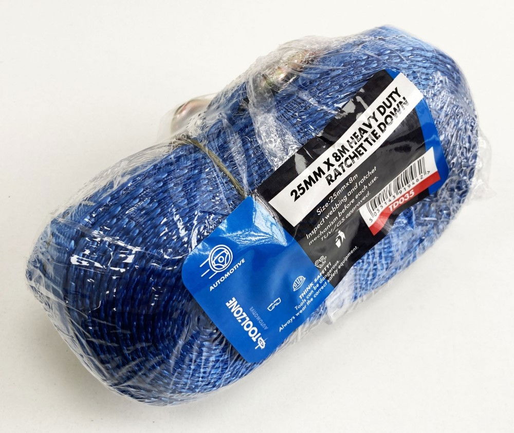 HEAVY DUTY RATCHET TIE DOWN 1 x 8m 400kg CAPACITY - TOOLZONE KDPTD035