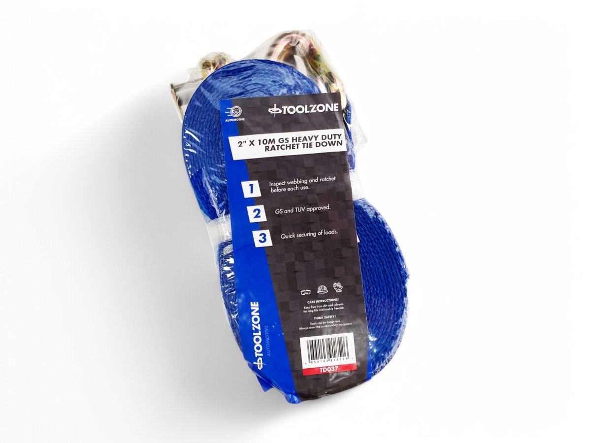 HEAVY DUTY RATCHET TIE DOWN 50mm x 10m 2500daN STRAIGHT 5000kg ROUND GS APPROVED - TOOLZONE KDPTD037