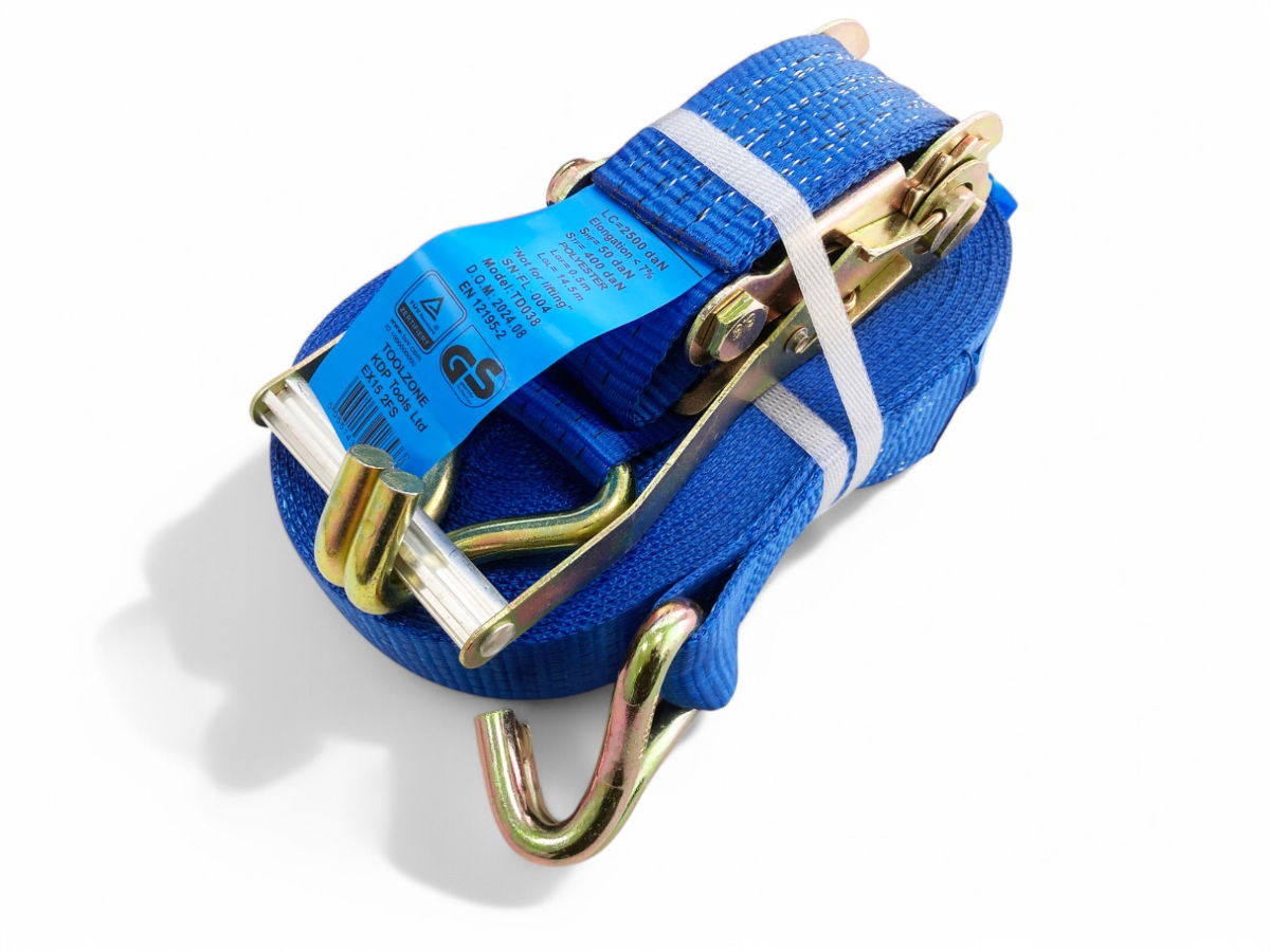 HEAVY DUTY RATCHET TIE DOWN 2 x 15m 2500daN STRAIGHT 5000kg ROUND GS APPROVED - TOOLZONE KDPTD038