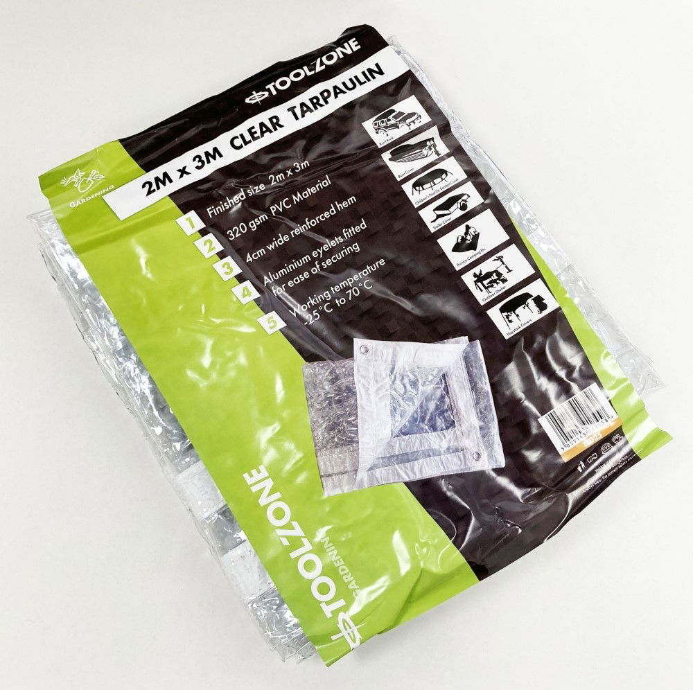 PVC TARPAULIN CLEAR 2m x 3m 320gsm WITH ALUMINIUM GROMMETS - TOOLZONE KDPTL025