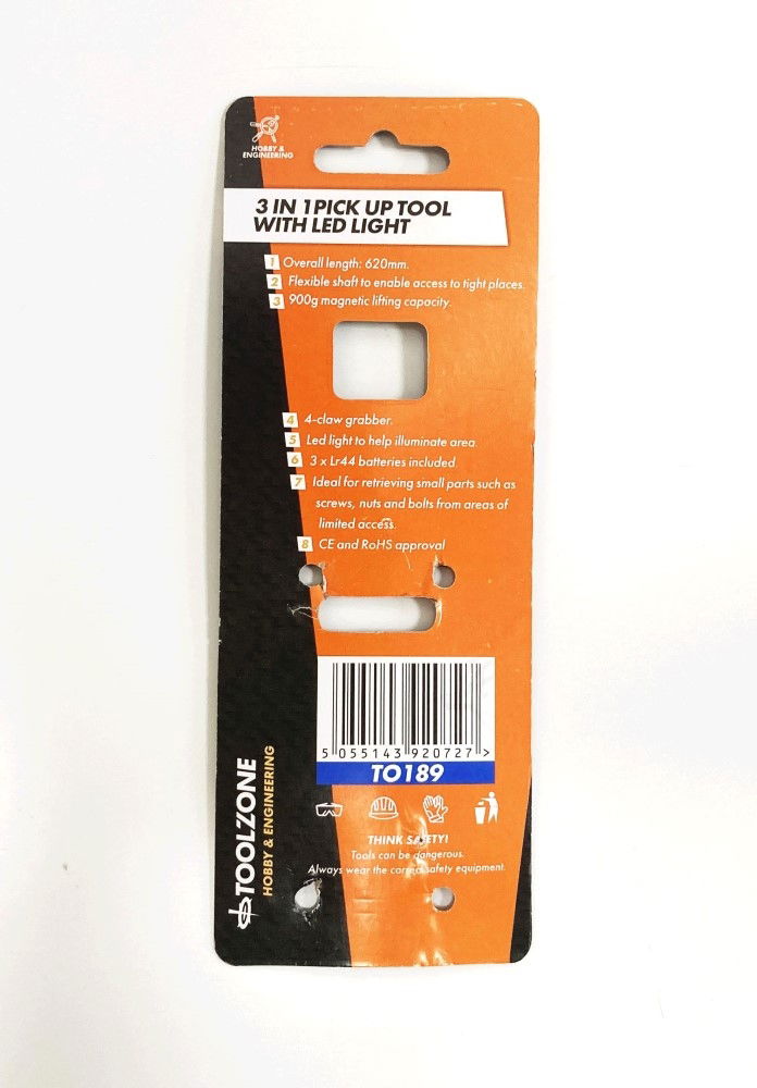 FLEXIBLE MAGNETIC PICK UP TOOL 3 IN 1 620mm WITH LED LIGHT AND CLAW - TOOLZONE KDPTO189