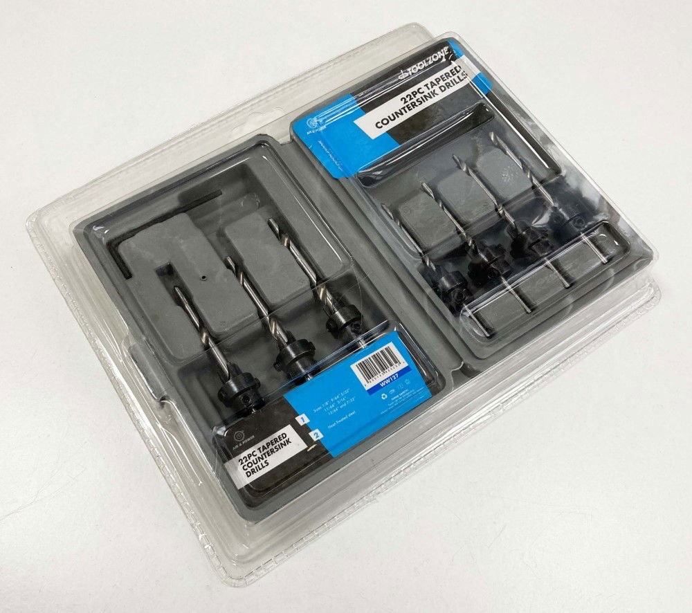 TAPERED COUNTERSINK DRILL SET 22PC HEAT-TREATED STEEL SIZES 1/8 TO 7/32 - TOOLZONE KDPWW127