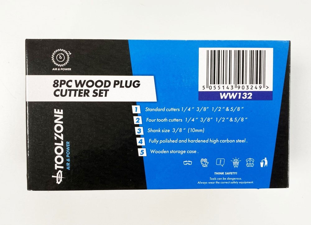 WOOD PLUG CUTTER SET 8PC 6mm 10mm 13mm 16mm 10mm SHANK IN WOOD BOX - TOOLZONE KDPWW132