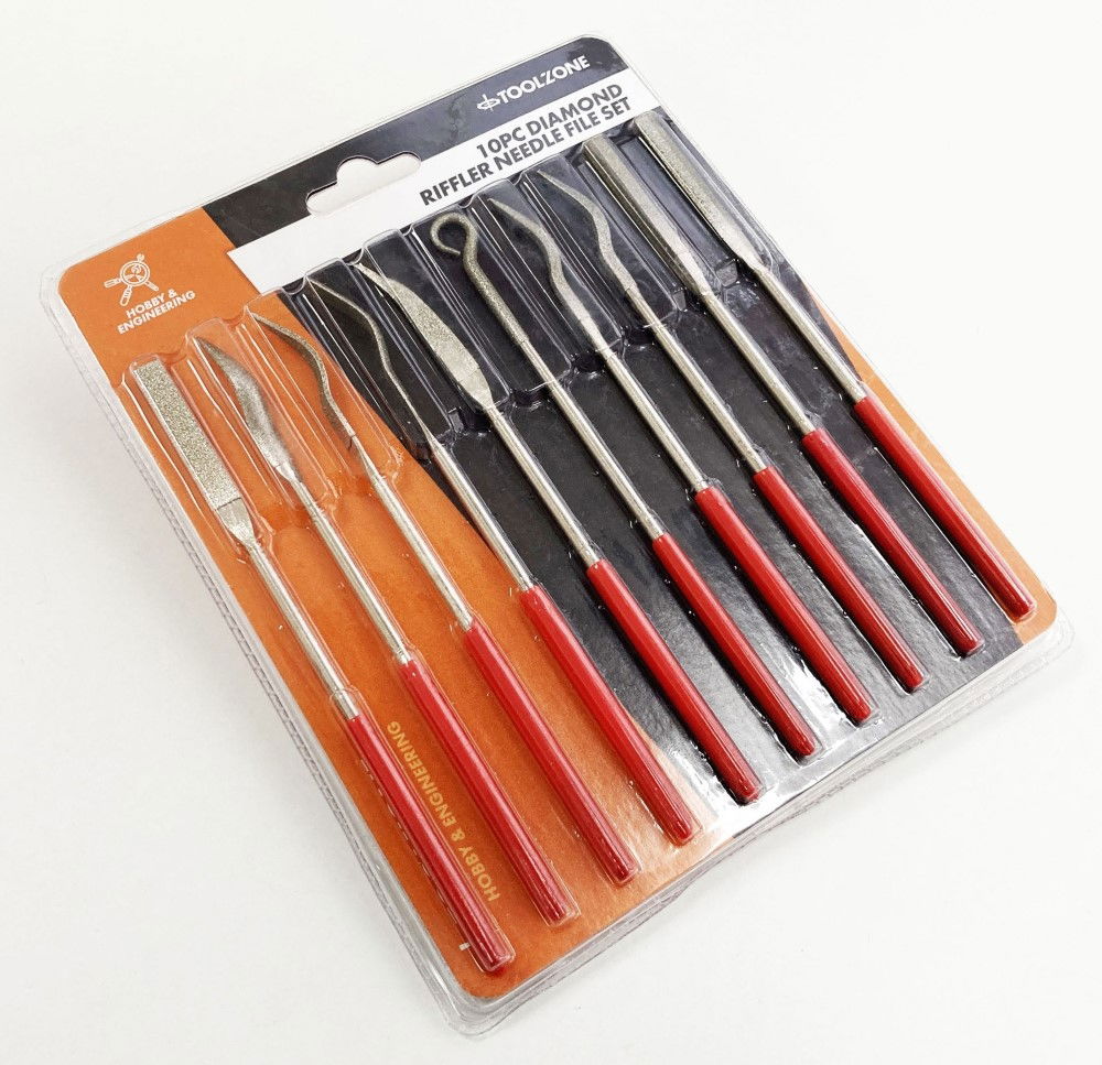 DIAMOND RIFFLER NEEDLE FILES 10PC 120 GRIT WITH PVC HANDLES - TOOLZONE KDPWW205