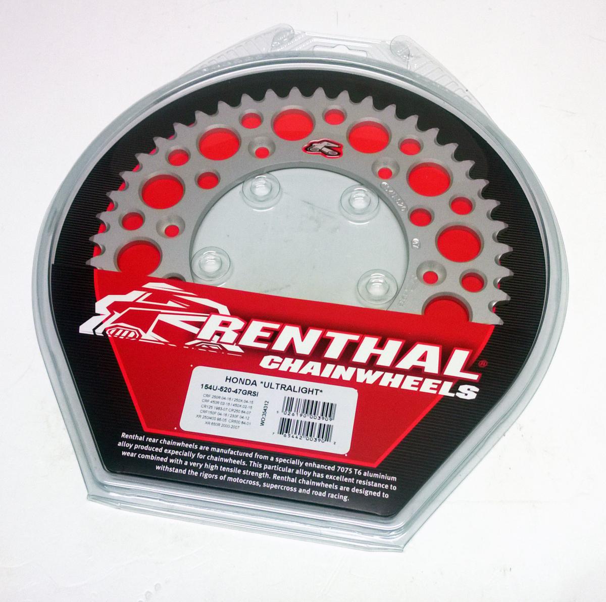 REAR SPROCKET ALLOY RENTHAL, ULTRALITE 154U-520-47GRSI SILVER, 154U-520-47GRSI
