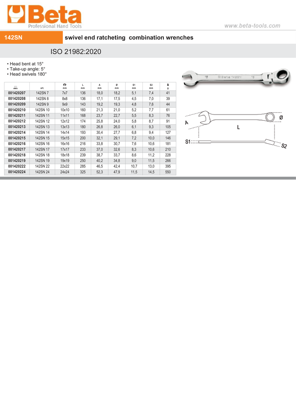Swivel End Ratcheting Combination Spanner Wrench 19mm - Beta Tools 142SN 19