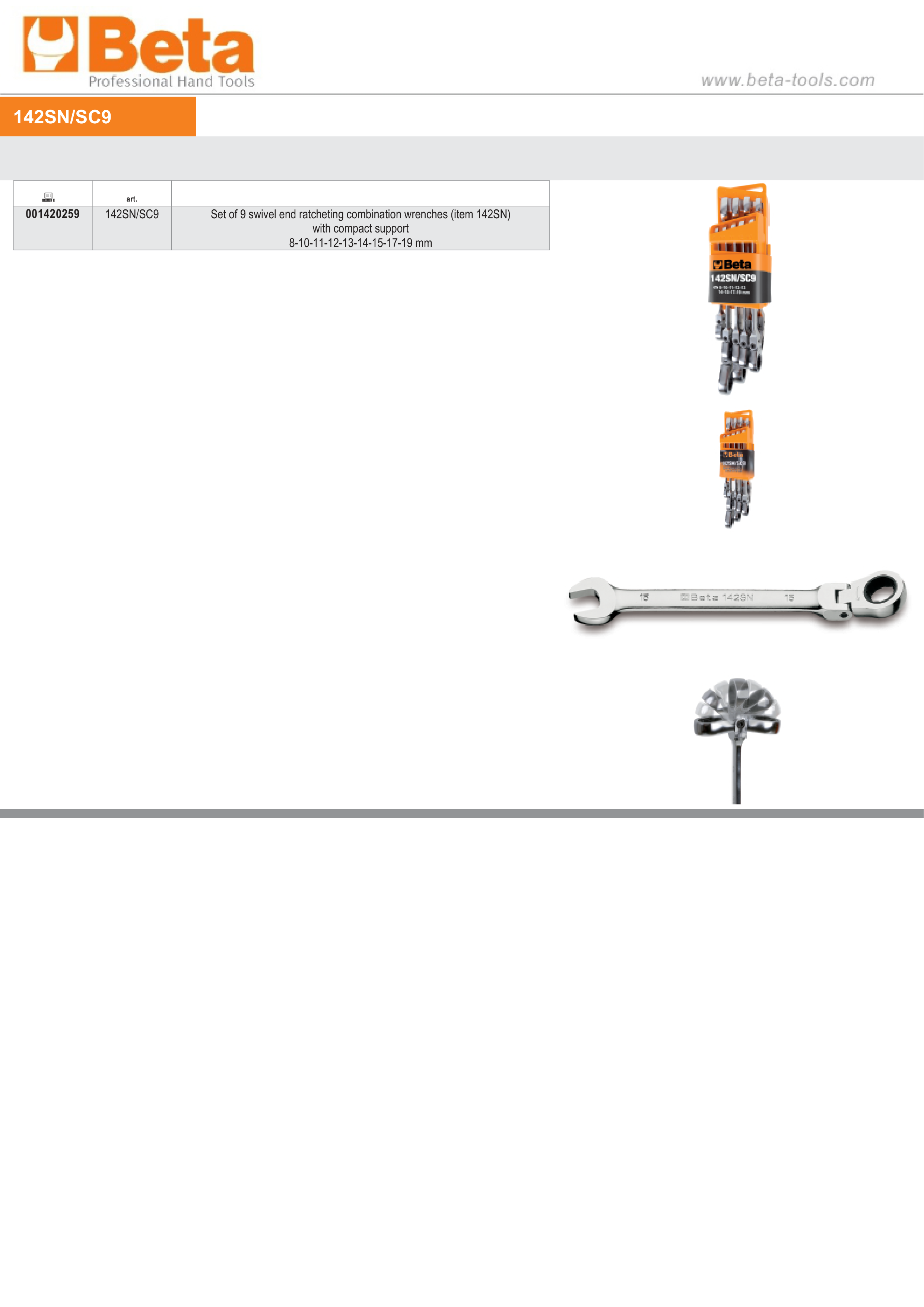 Swivel End Ratcheting Combination Spanner Wrench Set 8mm - 19mm (9 Pieces) - Beta Tools 142SN/SC9
