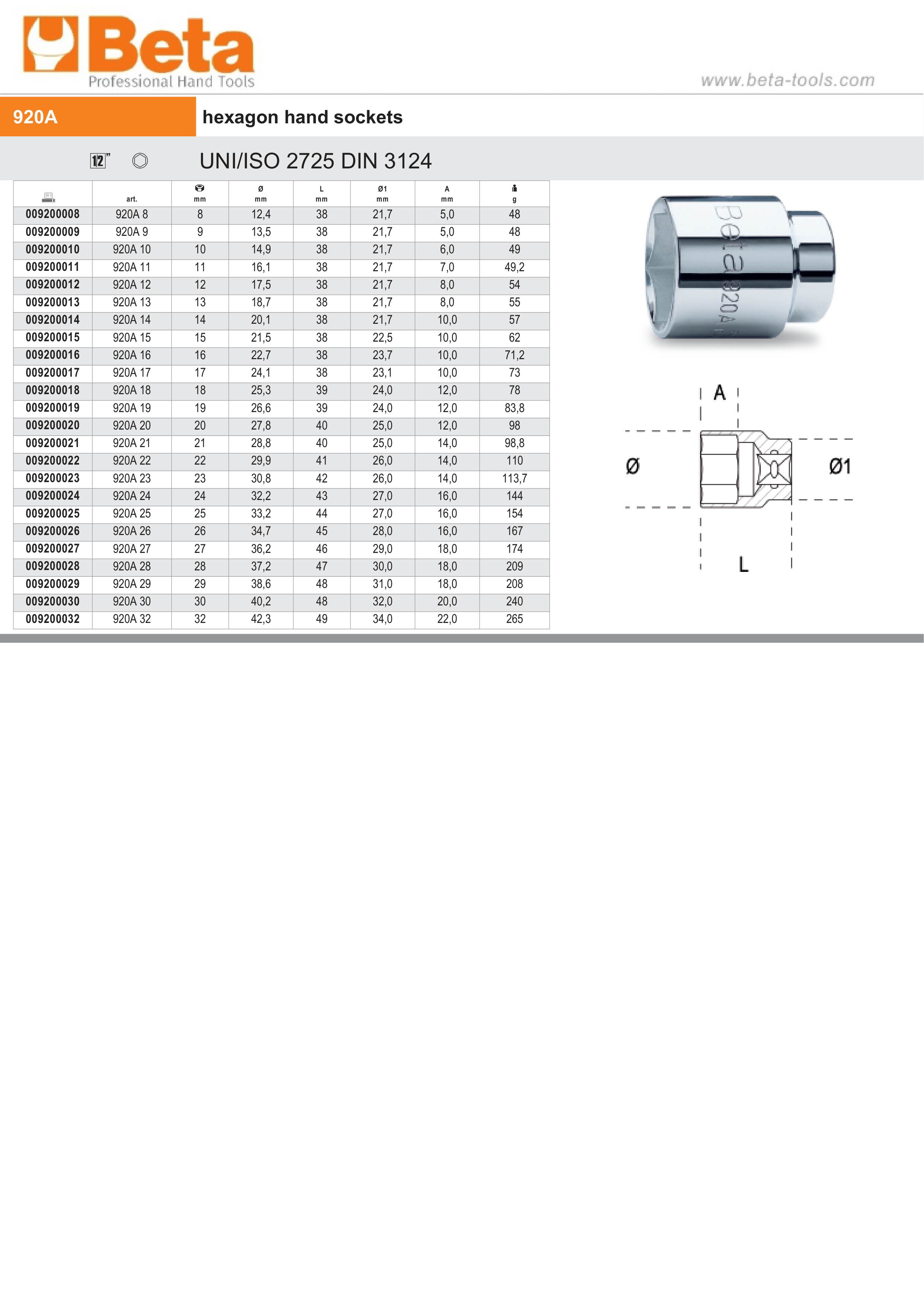 Hexagon Hand Socket 1/2 27mm - Beta Tools 920A 27