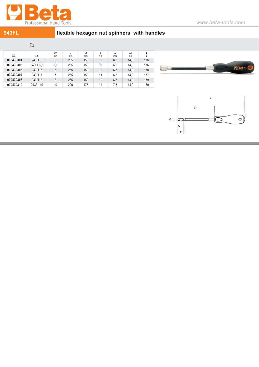 Flexible Hexagon Nut Spinner with Handle 6mm - Beta Tools 943FL 6