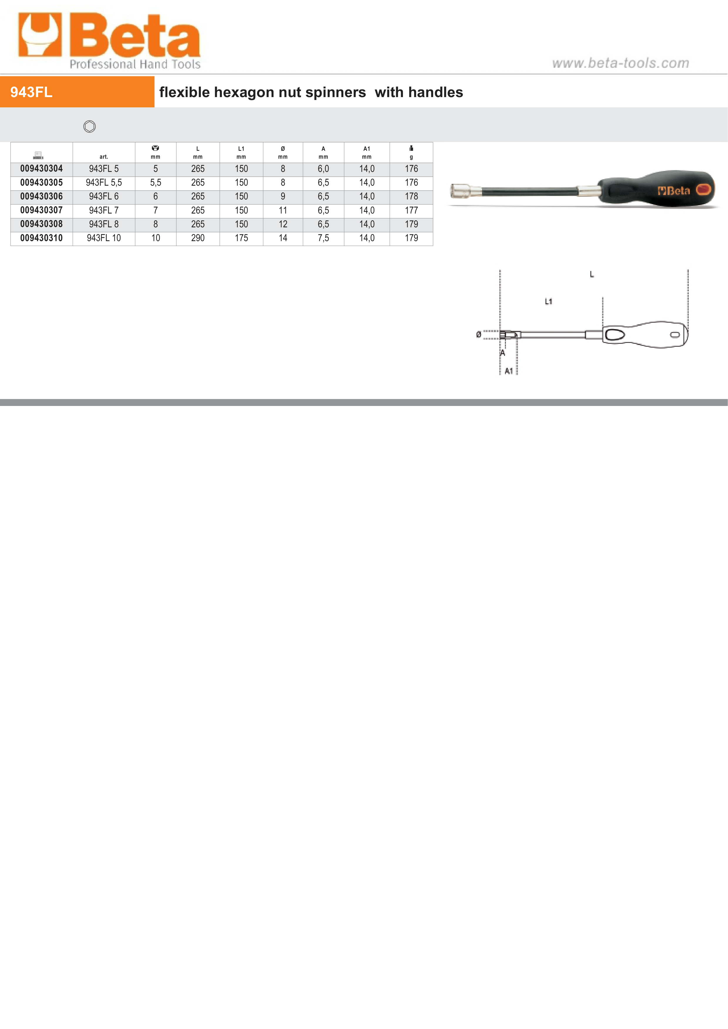 Flexible Hexagon Nut Spinner with Handle 10mm - Beta Tools 943FL 10