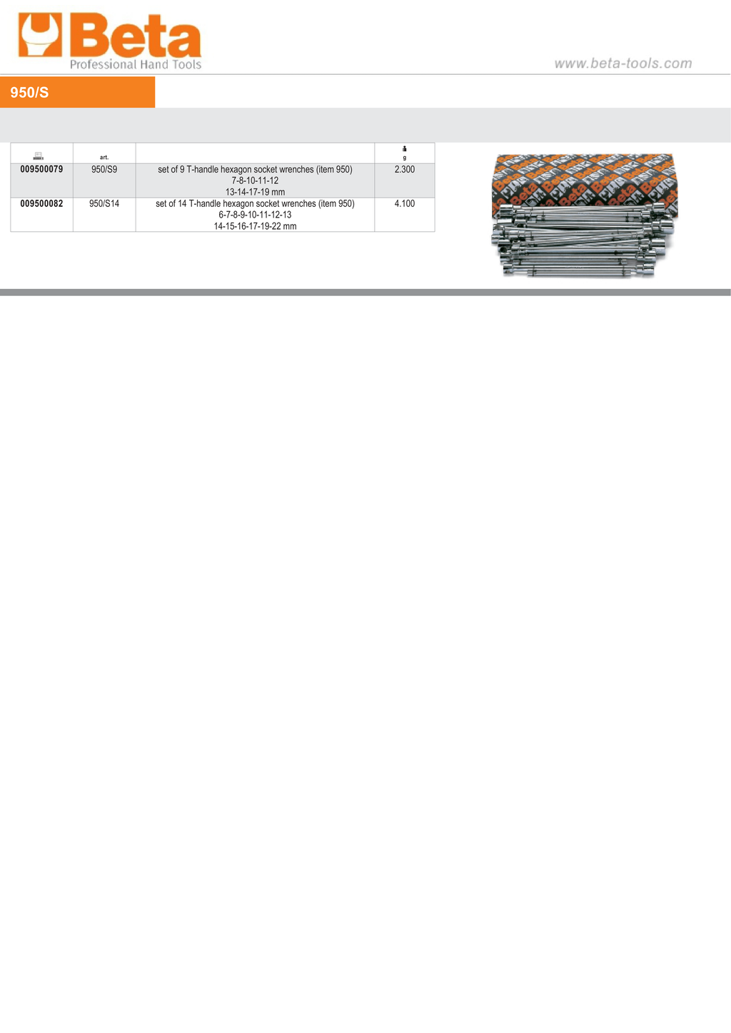 T-Handle Hexagon Socket Wrench Set 6mm - 22mm (14 Pieces) - Beta Tools 950/S14