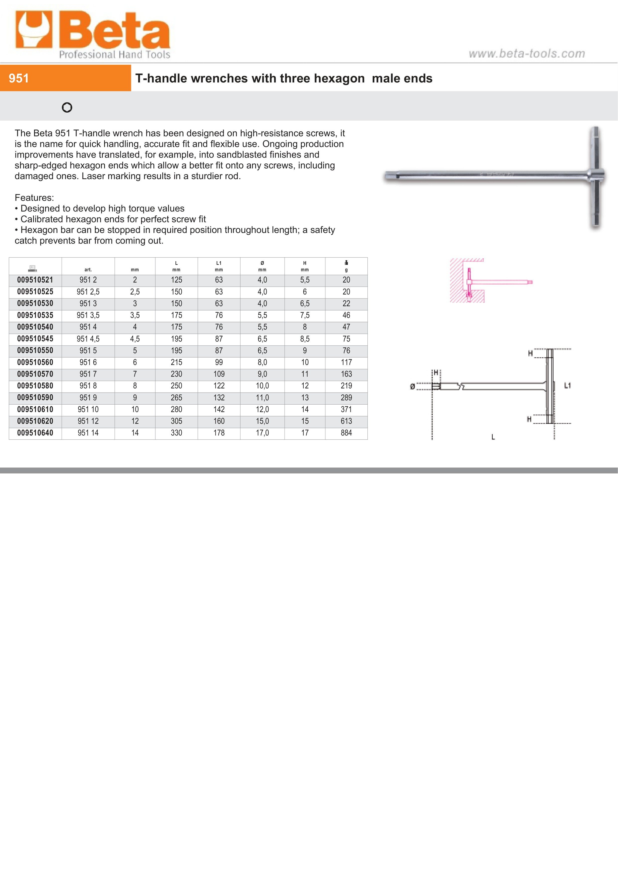 T-Handle Wrench with Three Hexagon Male Ends 6mm - Beta Tools 951 6