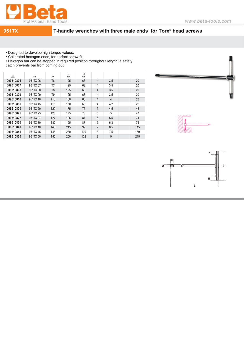 T-Handle Wrench with Three Male Ends for Torx Head Screws T50 - Beta Tools 951TX 50