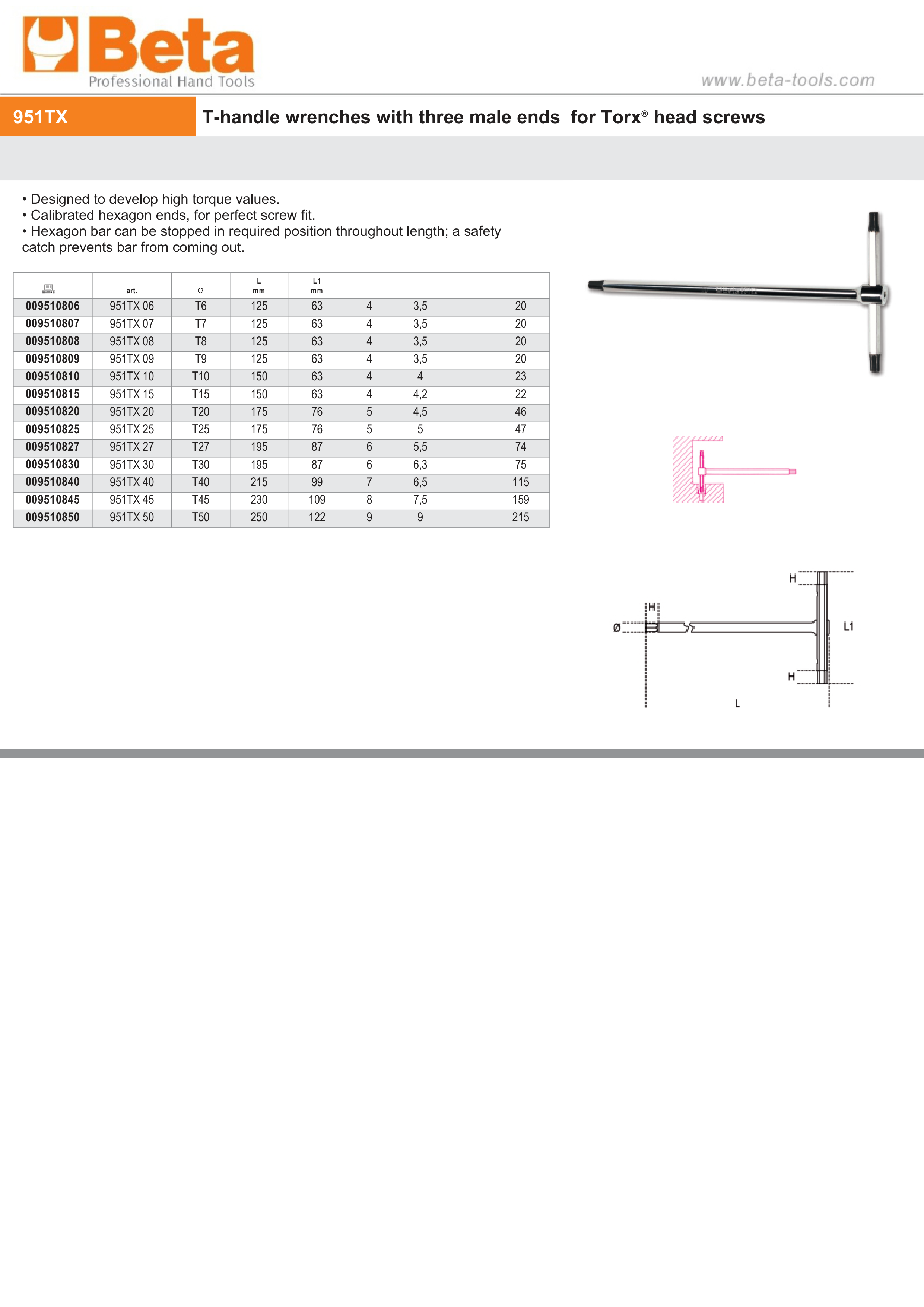 T-Handle Wrench with Three Male Ends for Torx Head Screws T50 - Beta Tools 951TX 50