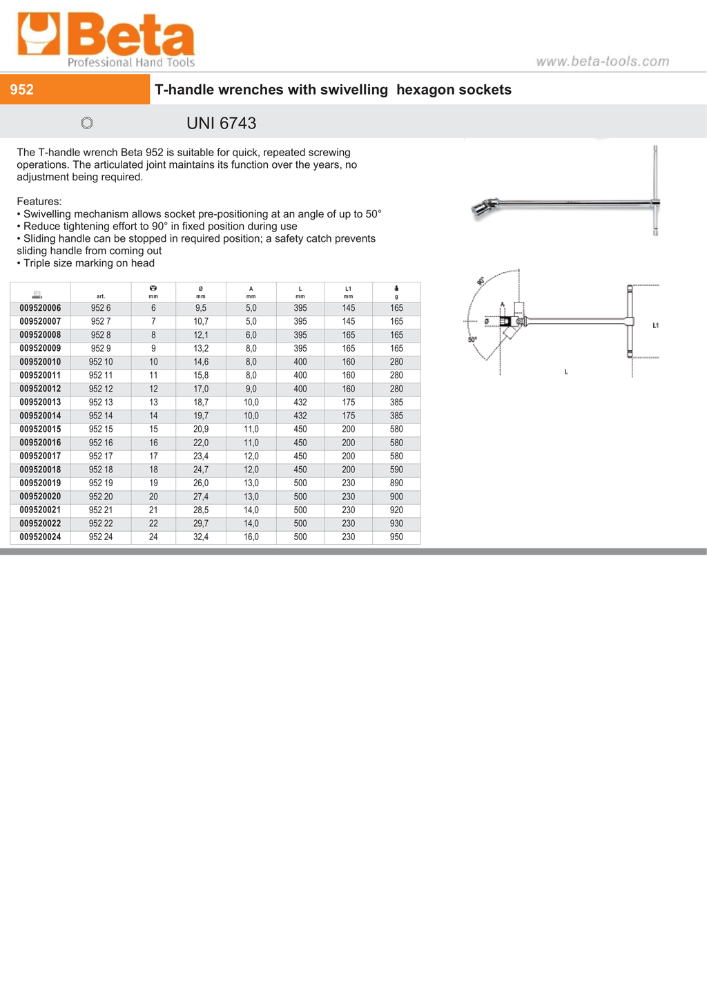 T-Handle Wrench with Swivelling Hexagon Socket 13mm - Beta Tools 952 13