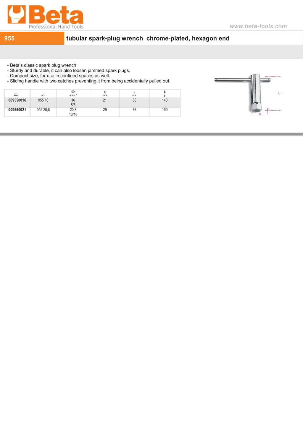 Tubular Spark-Plug Wrench Chrome-Plated Hexagon End 16mm - Beta Tools 955 16