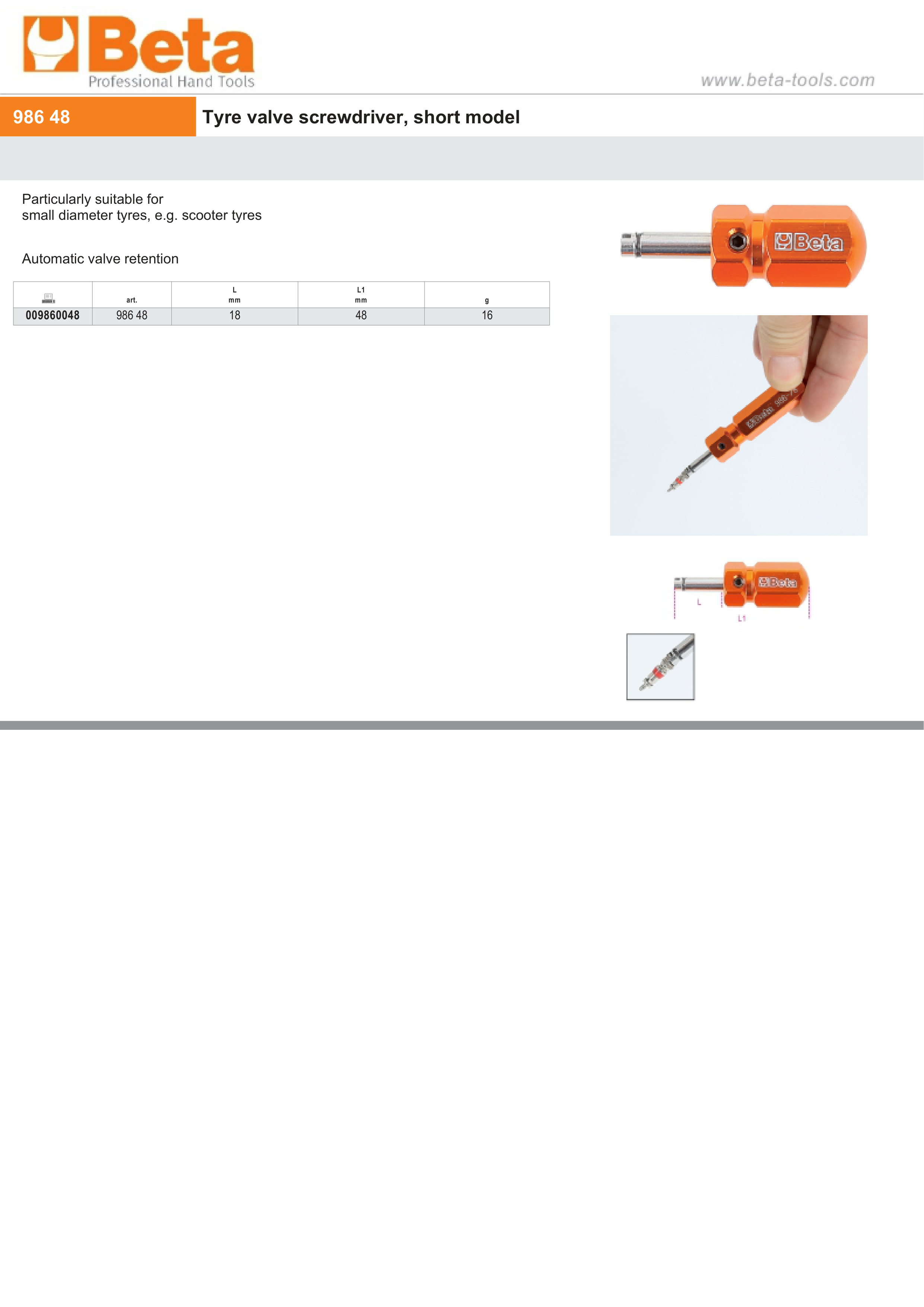 Tyre Valve Screwdriver Short Model 18mm - Beta Tools 986 48
