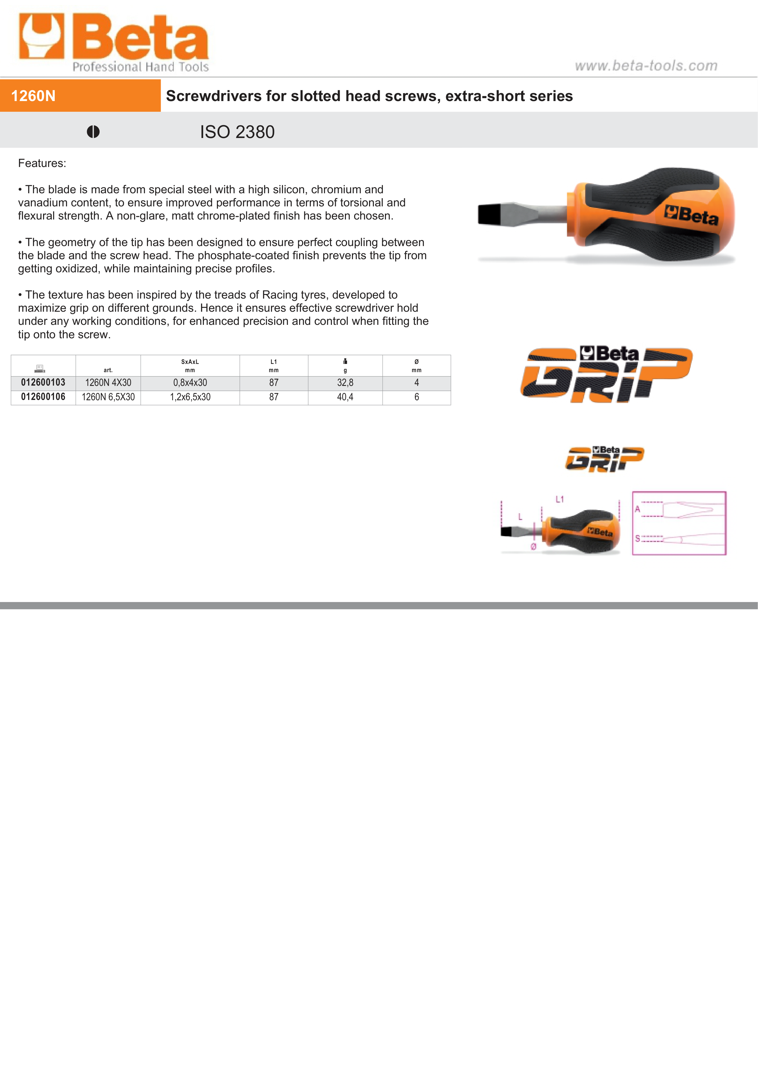 Extra-Short Screwdriver for Slotted Head Screws 0.8x4mm 30mm Length - BetaGRIP 1260N 4X30