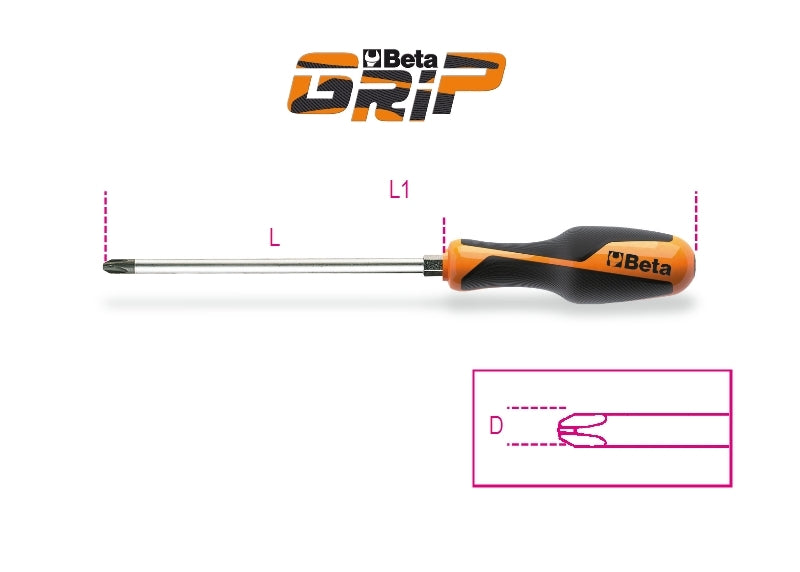 Screwdriver for Cross Head Phillips Screws with Hexagon Bolsters PH3 8mm 175mm Length - BetaGRIP 1262E 8X175